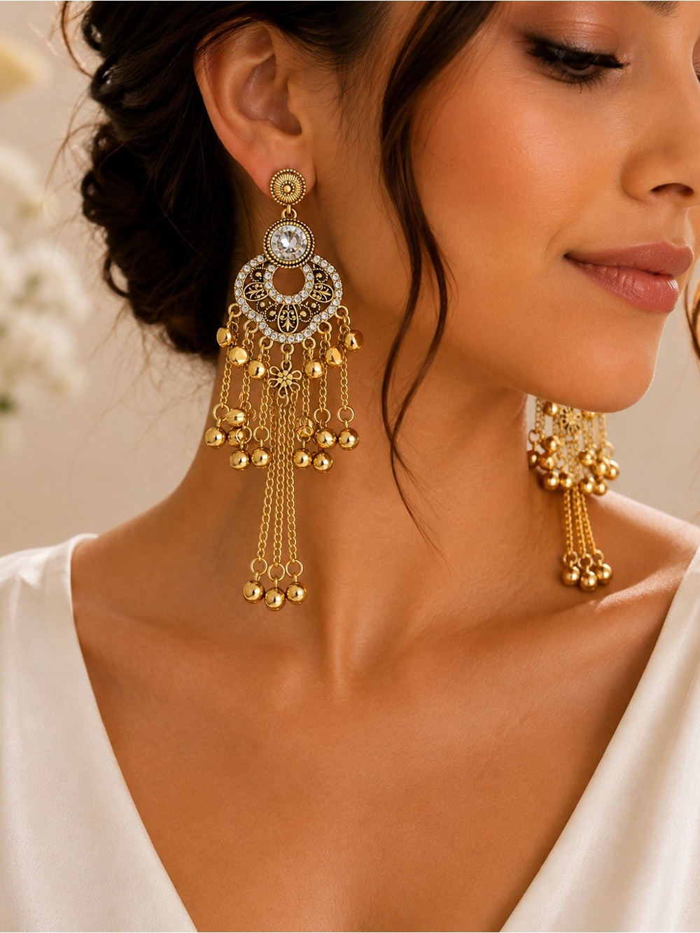 Gold Chandelier Tassel Earrings – Crystal Statement Dangle Earrings